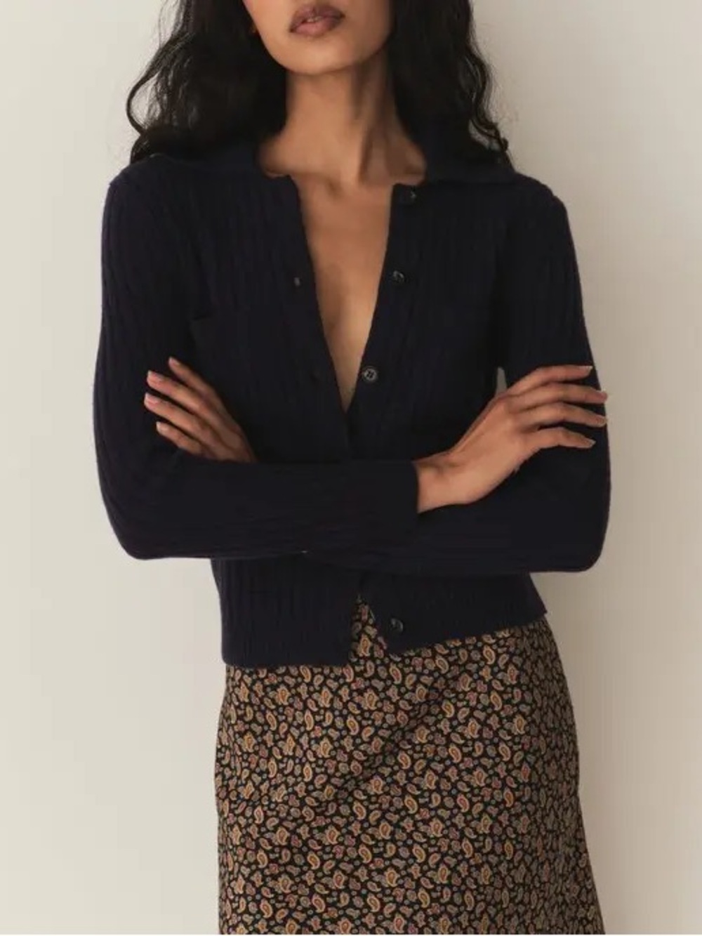 Doen Harrington Cardigan Navy Blue Merino Wool Cashmere Size L - Picture 5 of 8